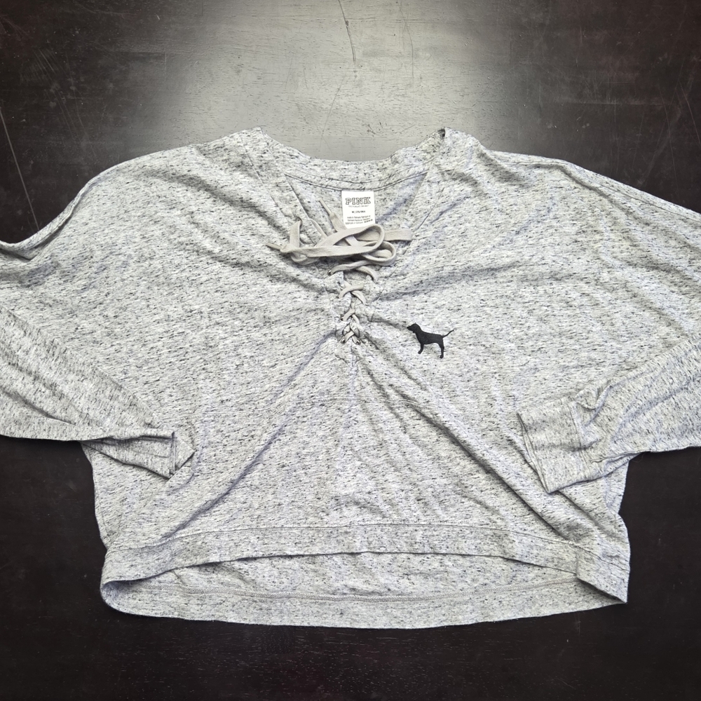 Victoria's Secret PINK Grey Heather Lace Up Crop Top Long Sleeve Love Pink M - Picture 2 of 3
